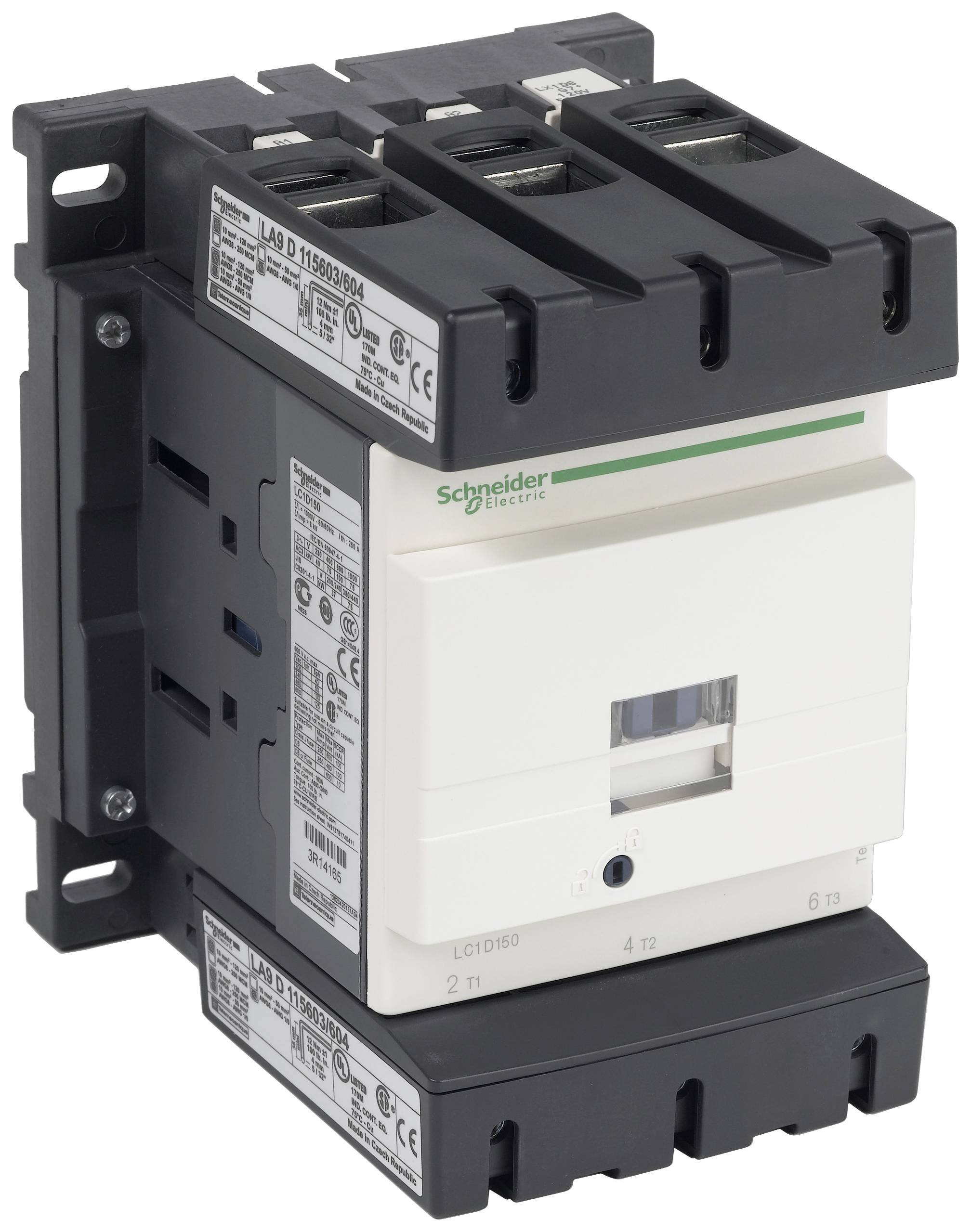Elektroniczny wyłącznik silnikowy Schneider Electric, model LRD16. Widoczne są zaciski przyłączeniowe oraz specyfikacje techniczne.