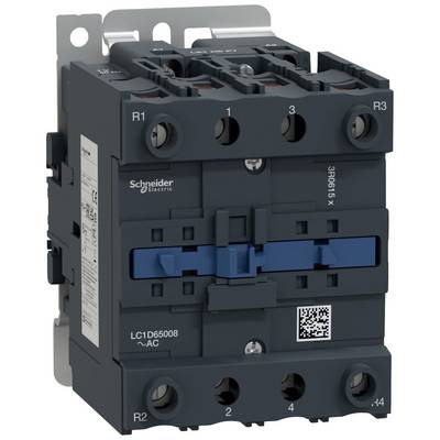 Trójbiegunowy wyłącznik mocy marki Schneider Electric z kodem QR, model LC1D65008. Główne kolory to czarny i niebieski.