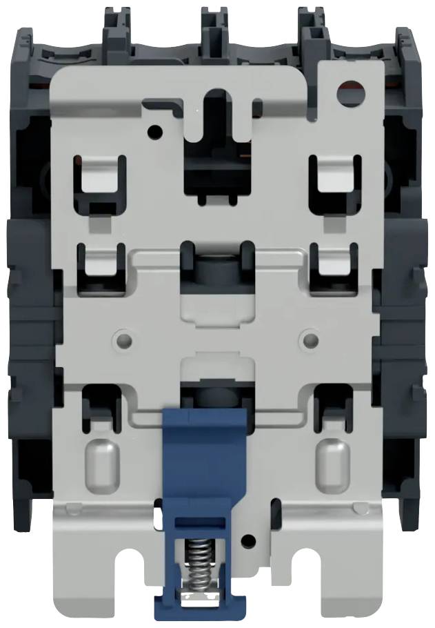Przemysłowy elektryczny stycznik w zbliżeniu, przedstawiający mechanikę i projekt przyłączy w kolorach szarym i niebieskim.