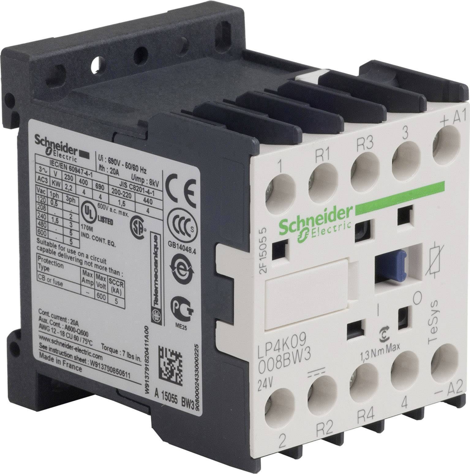 Biały i czarny elektryczny przekaźnik stycznikowy firmy Schneider Electric o numerze modelu 'LP4K09008BW3', 24V, z wieloma zaciskami.