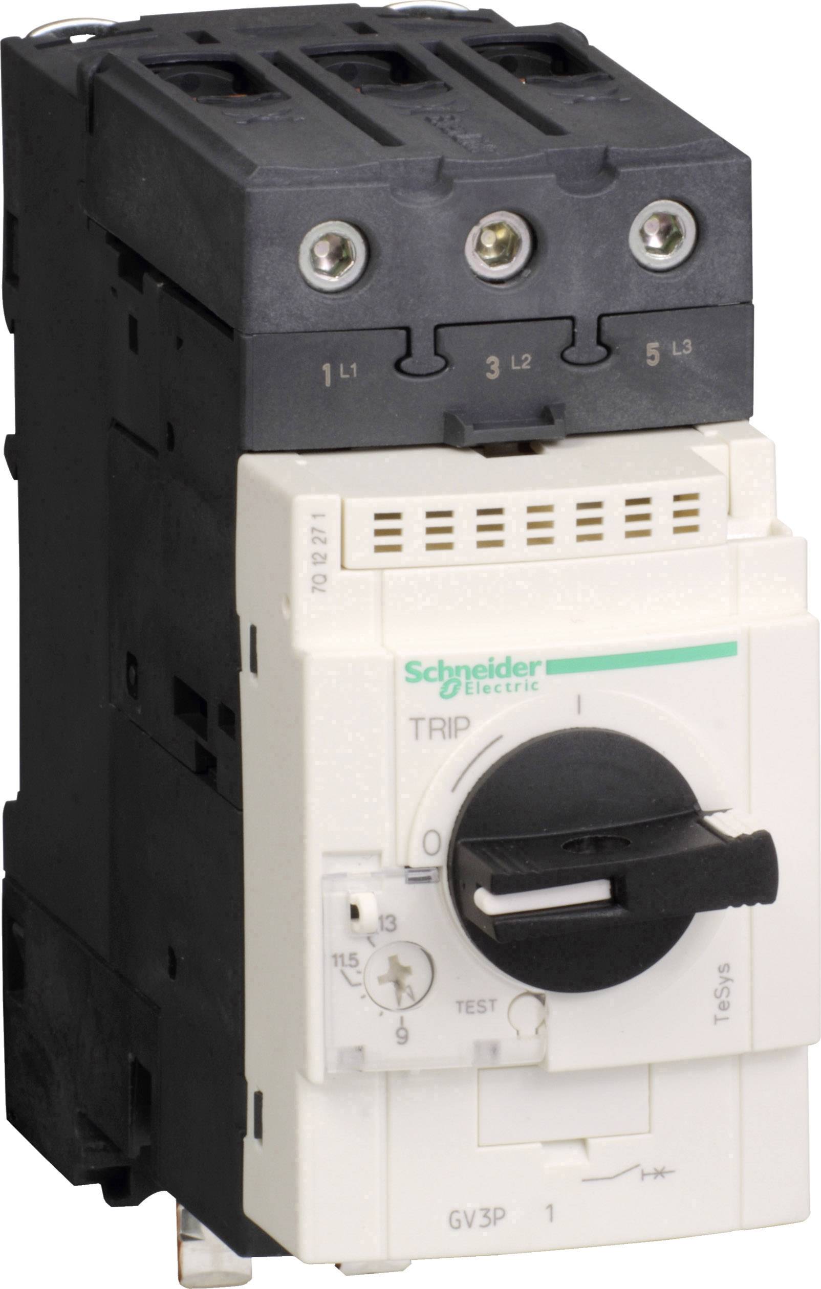Wyłącznik silnikowy firmy Schneider Electric, model GV3P. Przełącznik posiada czarny pokrętło i kilka zacisków przyłączeniowych.