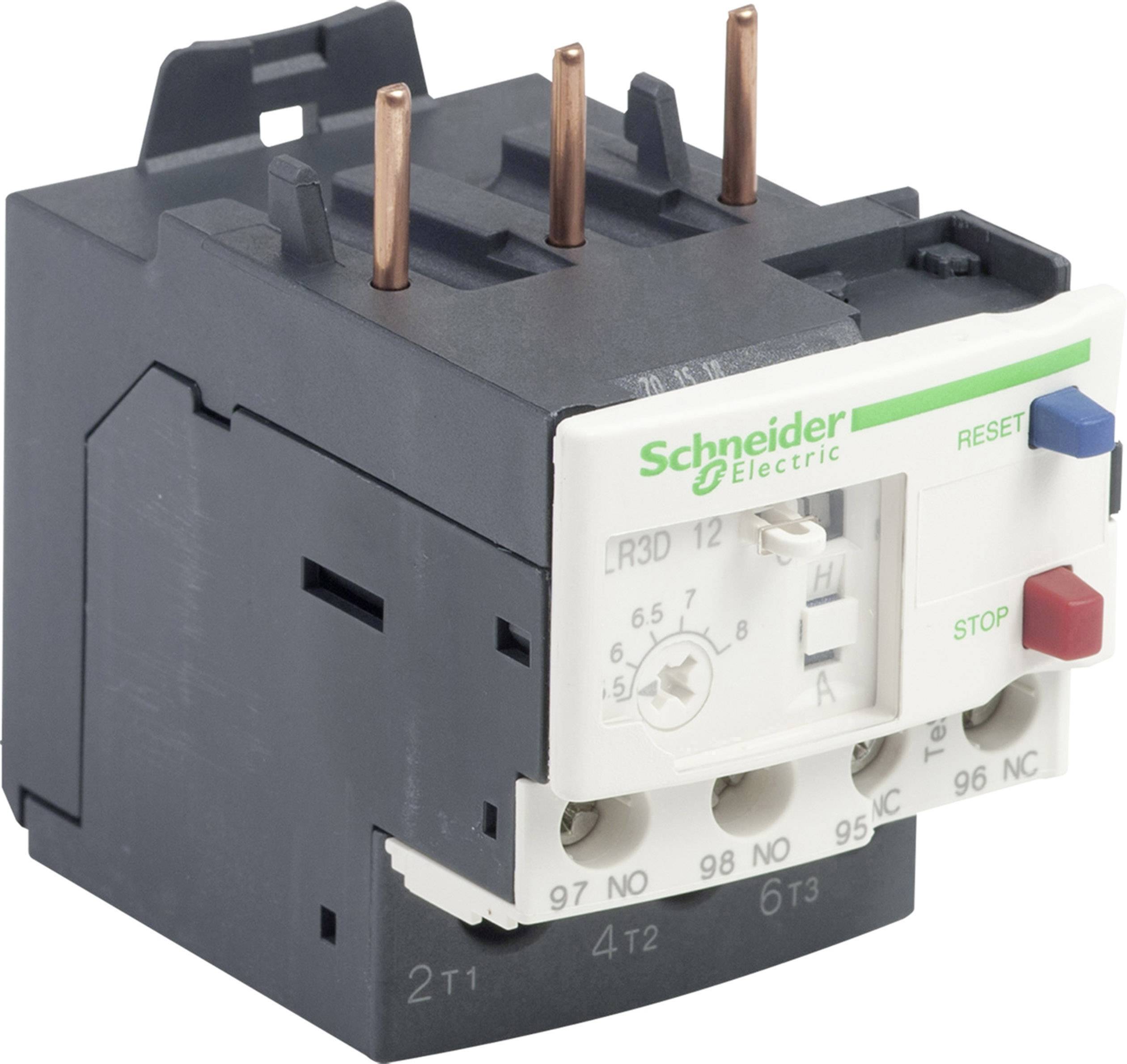 'Schneider Electric Relais'. Elektryczny wyłącznik mocy z przyciskami sterującymi i złączami. Kolory główne: Czarny i Biały.