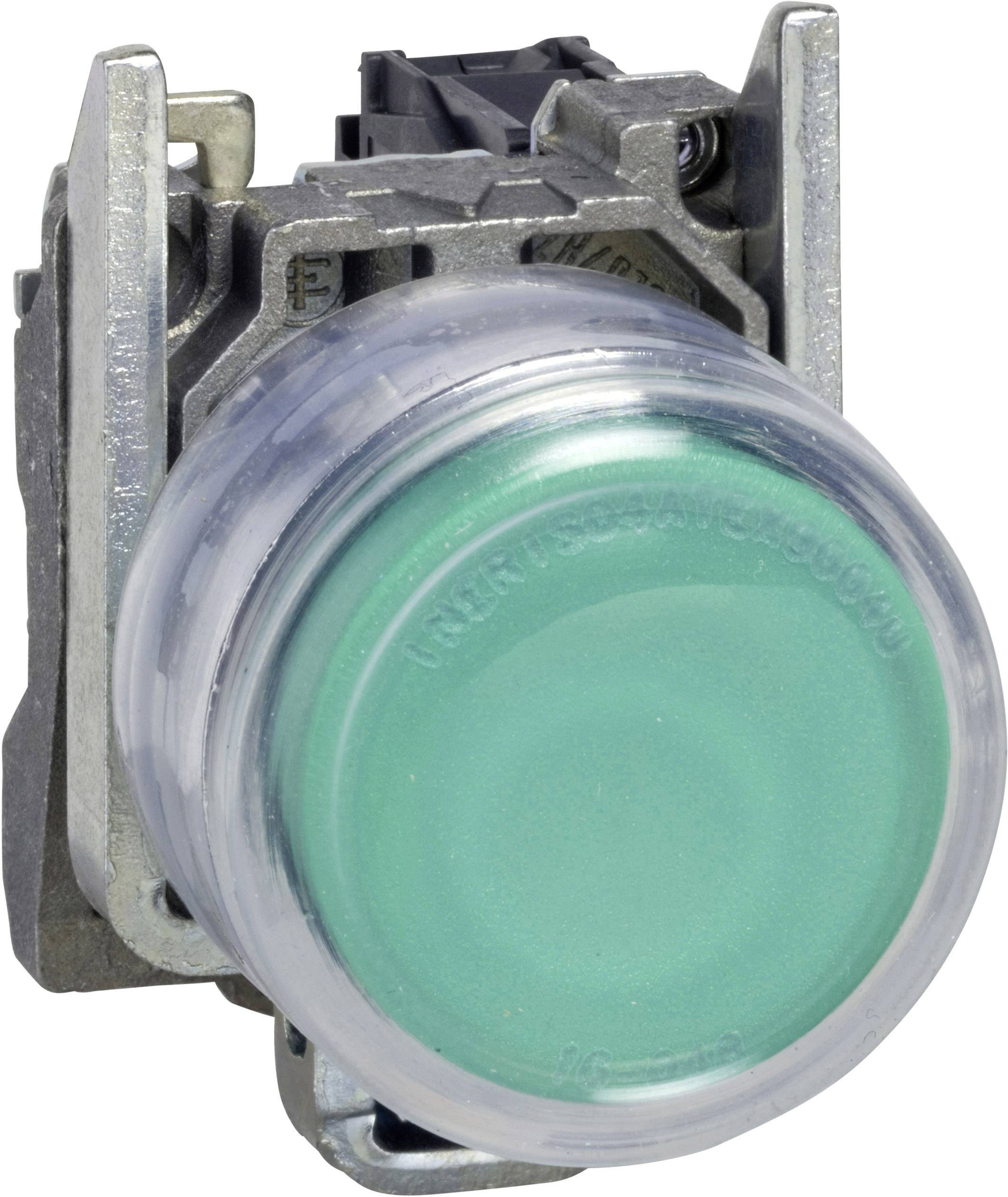 Metalowy przycisk naciskowy z zieloną, okrągłą powierzchnią. Stosowany w sterowaniu przemysłowym do aktywacji funkcji maszyn.