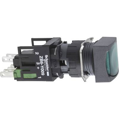 Zielony przycisk sterowniczy z oznaczeniem 'Schneider Electric ZB6-Y009 1 2 3 4' na czarnej obudowie.