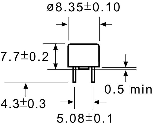 Techniczna rysunek części z wymiarami: Średnica 8,35±0,10 mm, wysokość 7,7±0,2 mm, szerokość 5,08±0,1 mm, odległość 4,3±0,3 mm.