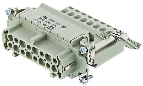 Prostokątny złącze elektryczne z wieloma gniazdami przyłączeniowymi i mocowaniami śrubowymi, stosowane do przemysłowych połączeń elektrycznych.