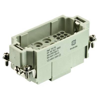 Szary złącz elektryczny z wieloma stykami i metalowymi śrubami po bokach. Na powierzchni znajdują się wskazówki dotyczące napięcia i natężenia prądu.