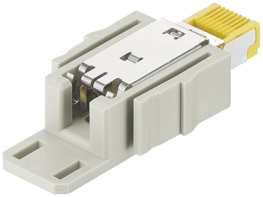 Szary i żółty adapter przedłużający RJ45 wykonany z tworzywa sztucznego i metalu, przeznaczony do montażu, kompatybilny z przewodami sieciowymi.