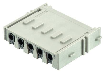 Listwa zaciskowa z pięcioma ponumerowanymi złączami, odpowiednia do połączeń elektrycznych, na białym tle.