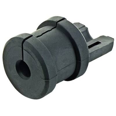 Czarny, cylindryczny element plastikowy z podłużnymi nacięciami i otworem pośrodku, prawdopodobnie stanowiący część większego mechanizmu.
