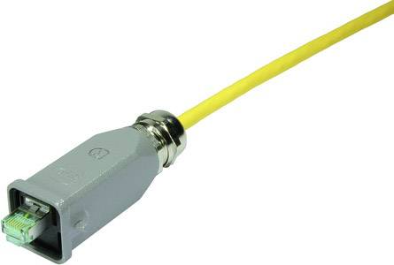 Żółty kabel Ethernet z szarym, metalowym wtykiem. Odpowiedni do zastosowań sieciowych.
