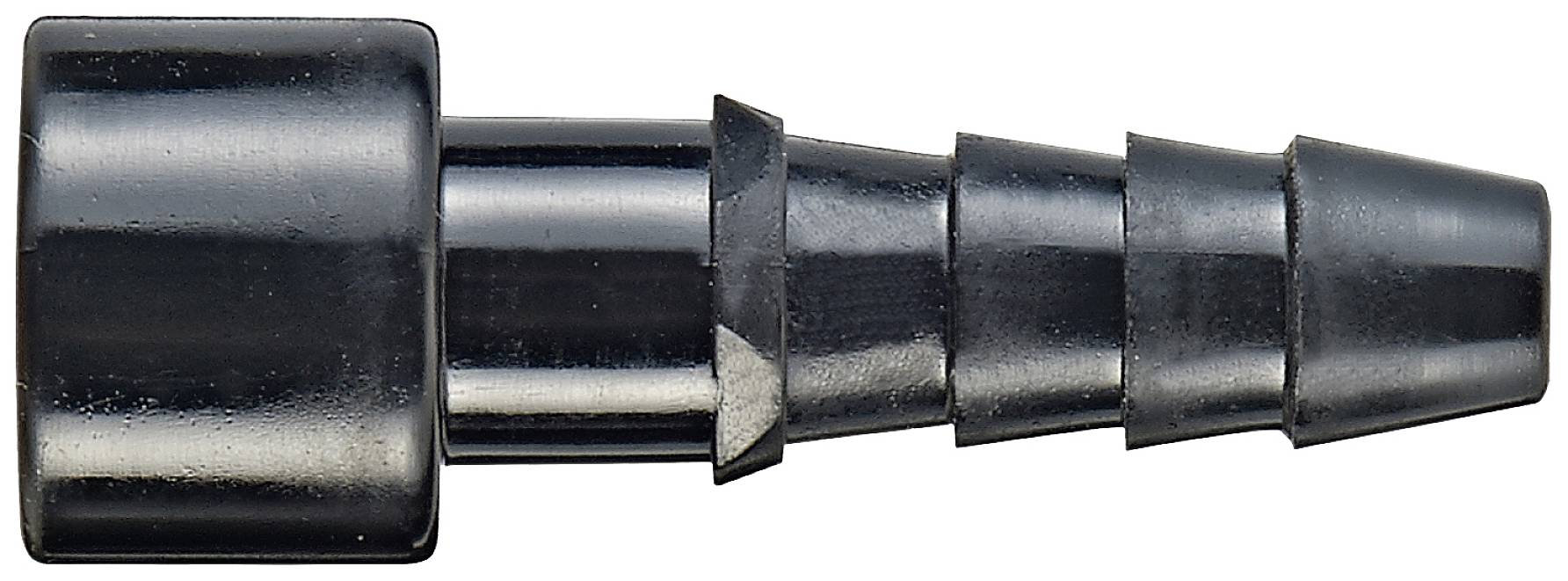Czarny, stopniowany adapter wężowy z gładkim wlotem po lewej stronie i wieloma rowkami do podłączania węży.
