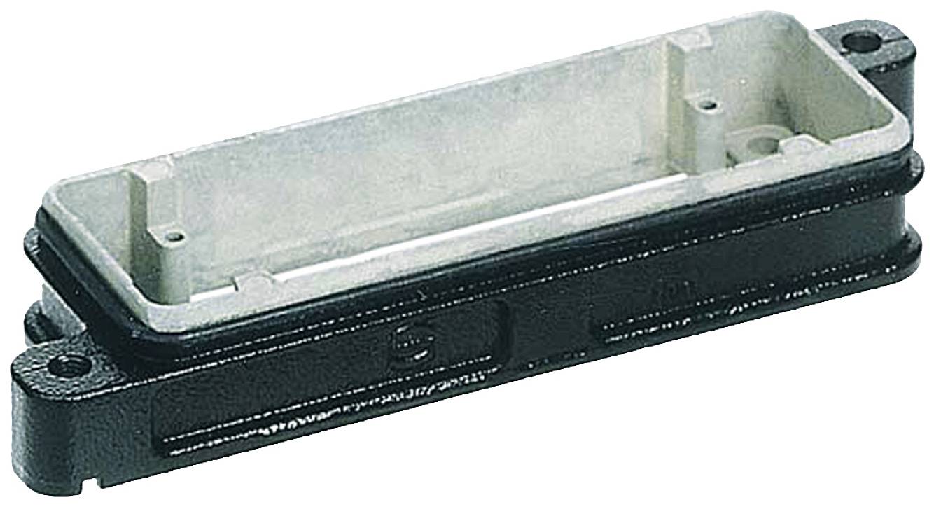 Prostokątna metalowa obudowa w kolorach czarnym i srebrnym, otwarta, ukazująca wewnętrzną strukturę i otwory montażowe.