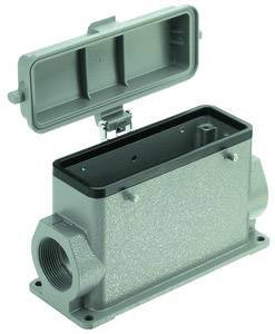 Prostokątna, szara obudowa z otwartą pokrywą i złączami bocznymi, przeznaczona do przemysłowych połączeń elektrycznych.