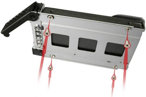 Element komputera z metalowym zamknięciem i oznaczonymi punktami mocowania śrub.