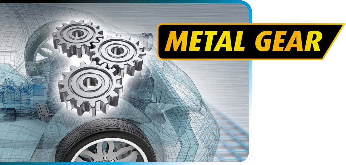 Obraz samochodu z podświetlonymi kołami zębatymi nad obszarem silnika oraz tekstem 'METAL GEAR'. Grafika prezentuje mechanikę i technikę.