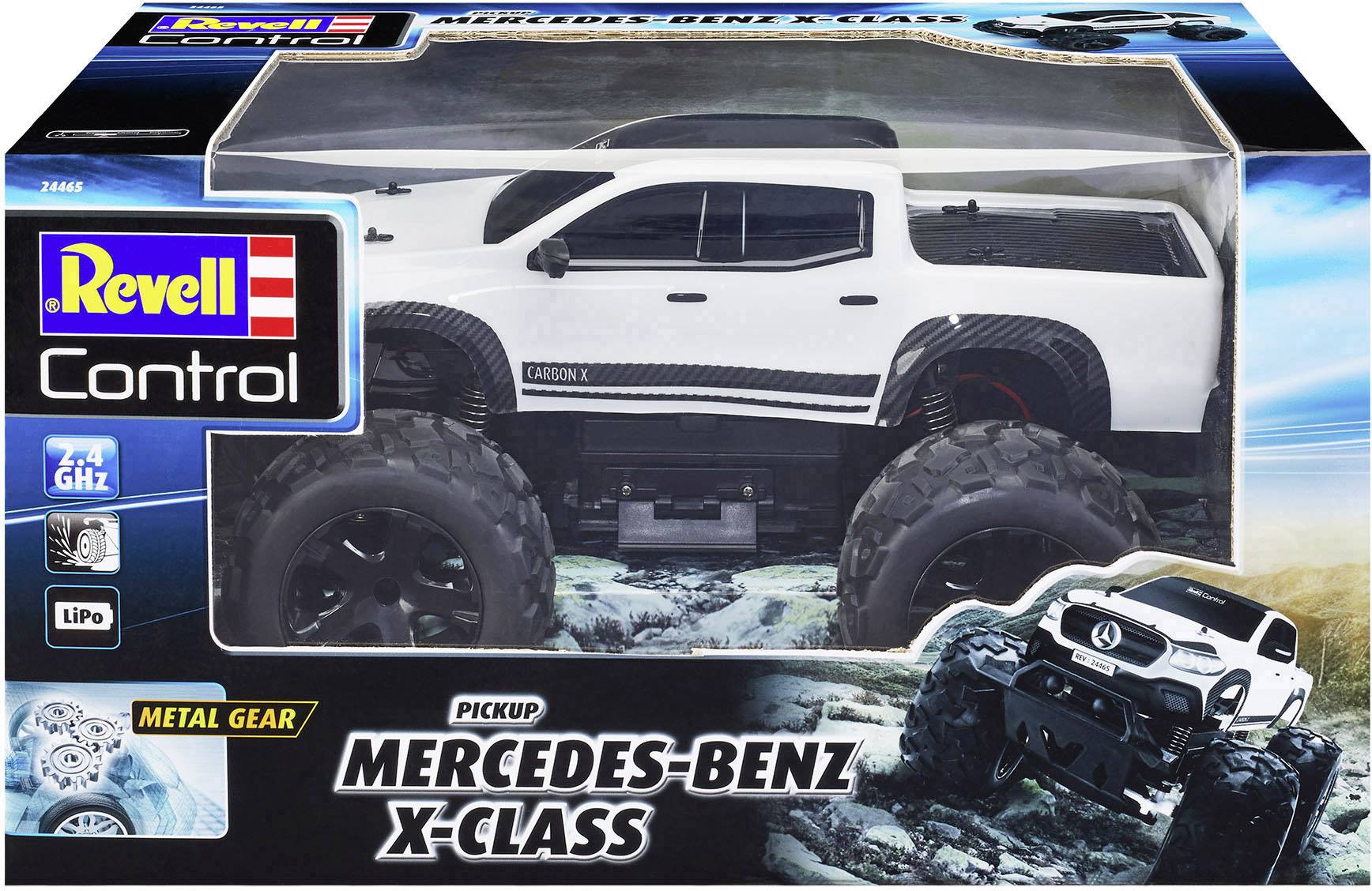 Opakowanie zabawkowego samochodu od Revell Control przedstawia zdalnie sterowanego białego pickupa Mercedes-Benz X-Class.