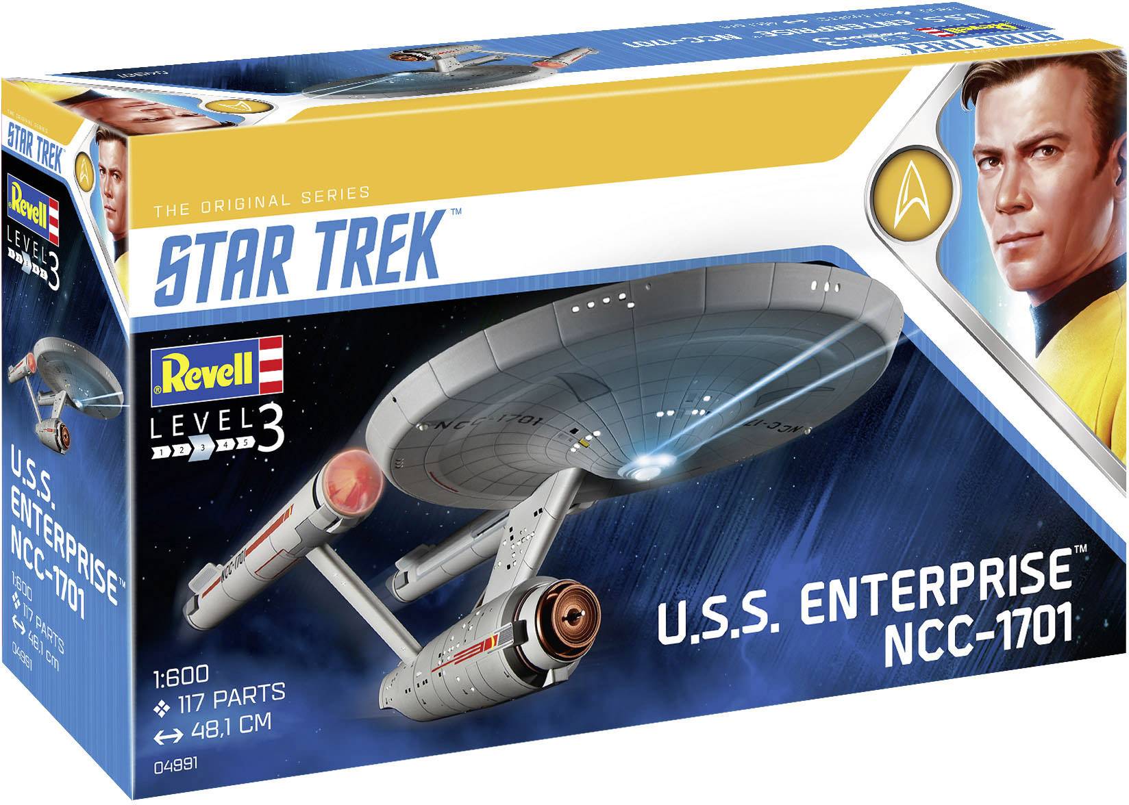 Zestaw modelarski statku kosmicznego 'U.S.S. Enterprise NCC-1701' z serii 'Star Trek', poziom 3, przedstawiający statek oraz wizerunek mężczyzny w mundurze.