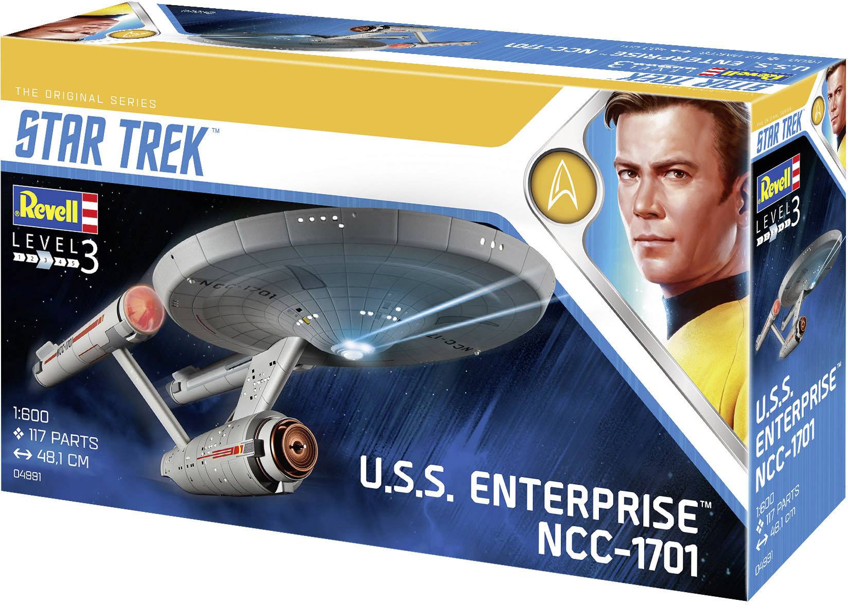 Zestaw modelarski Revell statku U.S.S. Enterprise NCC-1701 z serialu 'Star Trek'. Opakowanie przedstawia statek kosmiczny oraz postać z oryginalnej serii.