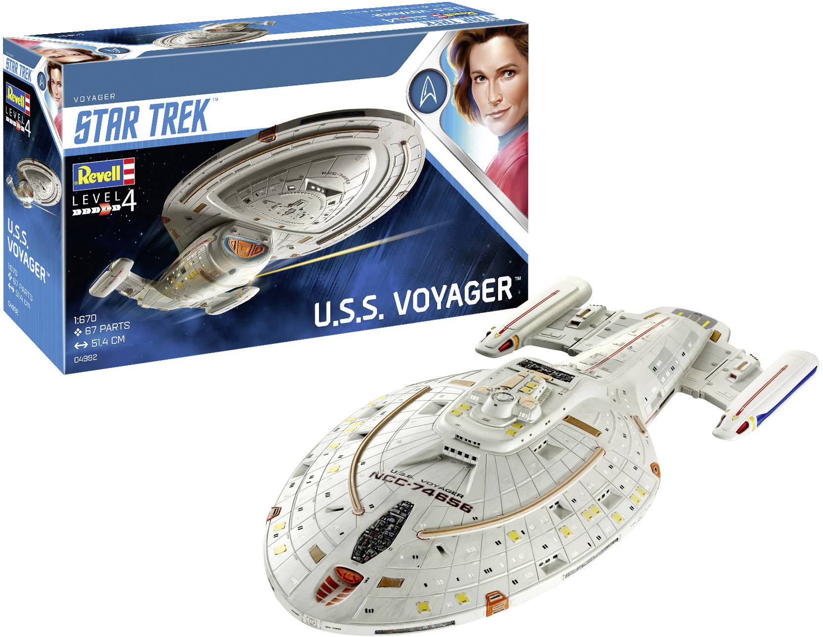 Zestaw modelarski statku kosmicznego 'U.S.S. Voyager' z serii 'Star Trek', z podaną skalą, liczbą elementów oraz długością zmontowanego modelu.