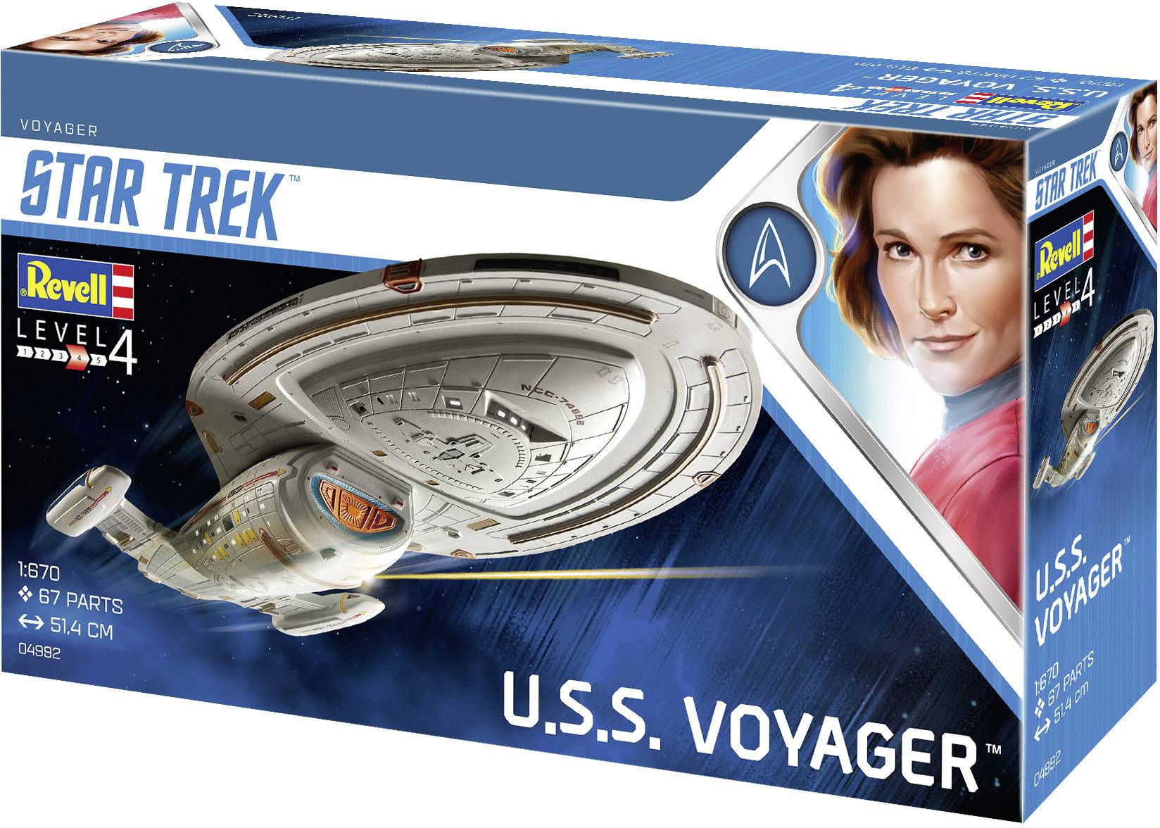 Zestaw do złożenia statku kosmicznego 'U.S.S. Voyager' z Star Trek, prezentowany z opakowaniem i ilustracją statku oraz figurki. Zawiera 67 elementów.