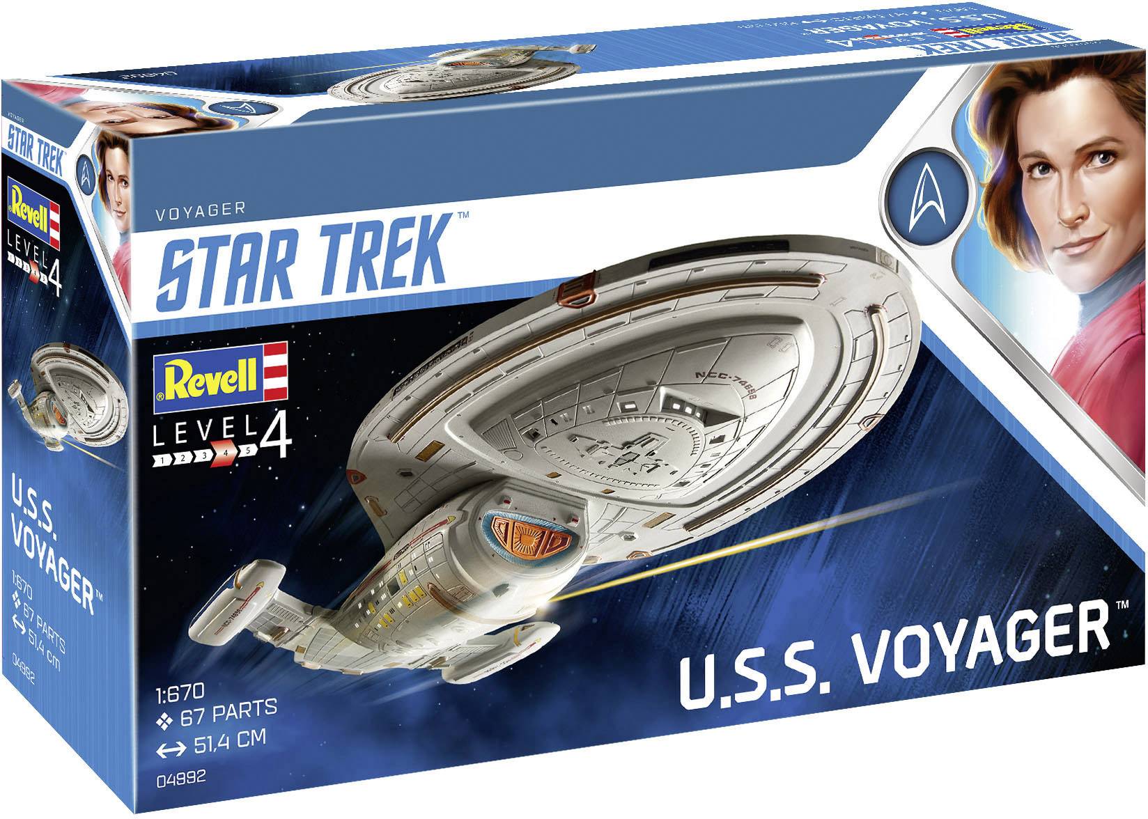 Zestaw modelarski 'Star Trek: U.S.S. Voyager' firmy Revell, poziom 4, z ilustracją statku kosmicznego i portretem postaci.