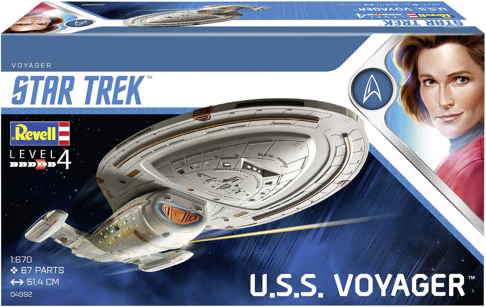 Zestaw modelu budowlanego statku kosmicznego 'U.S.S. Voyager' z serii Star Trek firmy Revell, składający się z 67 części. Na ilustracji przedstawiono statek kosmiczny oraz kobietę w skafandrze kosmicznym.