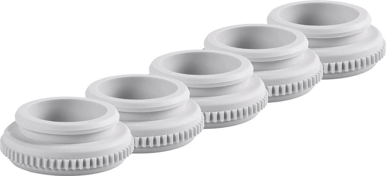 Pięć szarych nakrętek PVC ułożonych jest w rzędzie, aby zademonstrować ich zastosowanie jako systemu zamykającego.