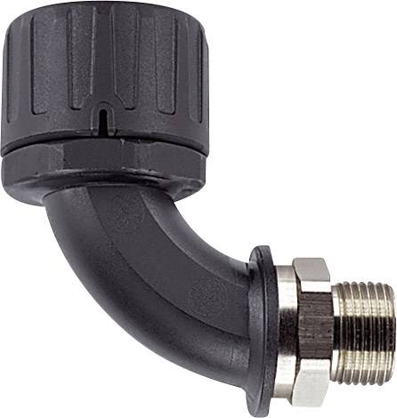 Czarny plastikowy adapter kątowy z gwintem i zaślepką do instalacji sanitarnych.