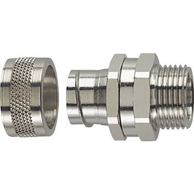 Metalowy element łączący z żebrowanym pierścieniem po lewej stronie i częścią gwintowaną po prawej stronie, typowy dla złączy przewodów hydraulicznych.