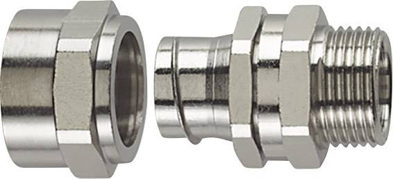 Metalowe połączenie śrubowe składające się z dwóch części: nakrętki i wkręta, oba w kolorze srebrnym i błyszczącym.