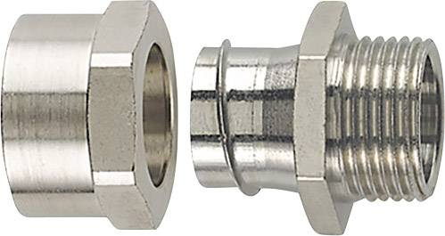 Dwa metalowe adaptery: po lewej stronie złączka sześciokątna, po prawej stronie złącze karbowane. Oba są srebrnego koloru i umieszczone obok siebie.