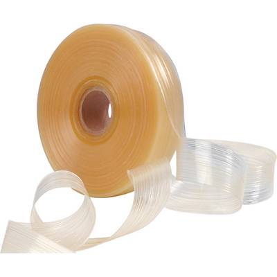 Rolka przezroczystej, elastycznej taśmy plastikowej, częściowo rozwinięta, na białym tle.