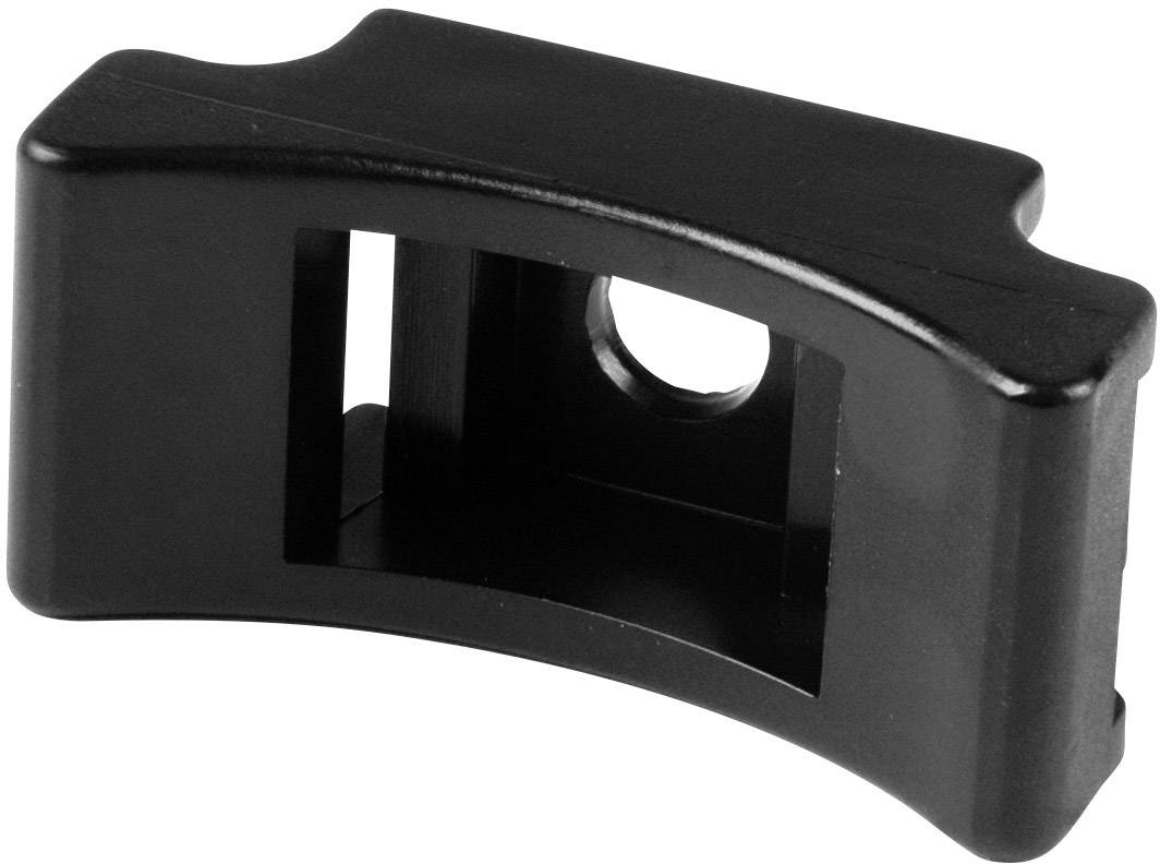 Czarna plastikowa część z prostokątnym wycięciem i małym otworem, prawdopodobnie element łączący lub mocujący.