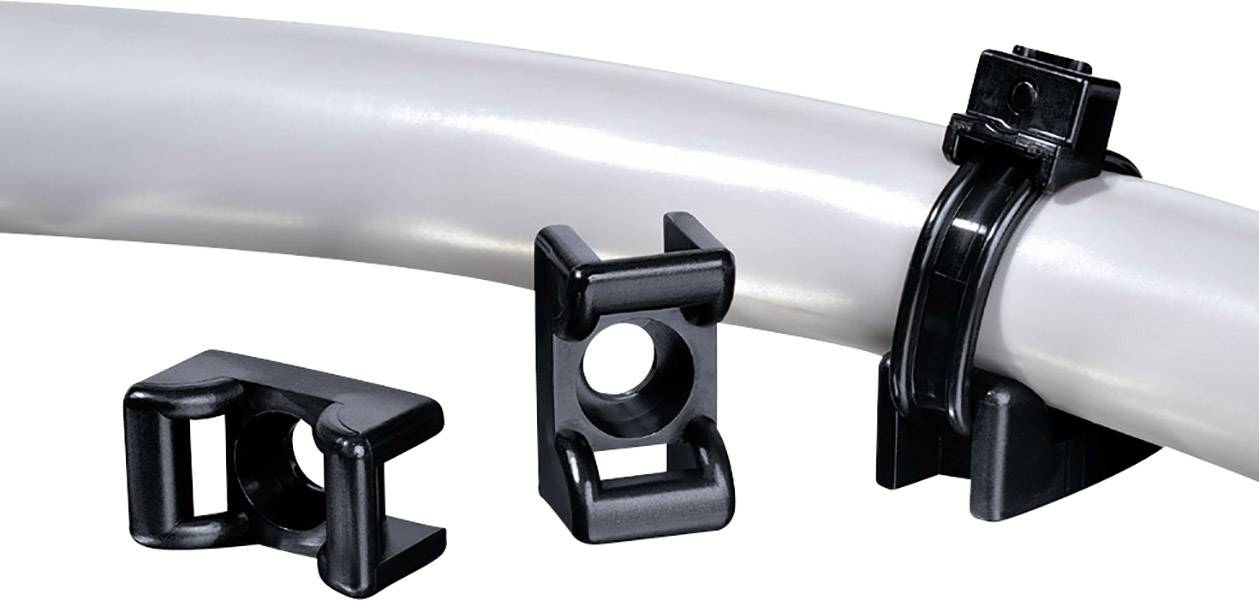 Uchwyt kablowy z czarnego tworzywa sztucznego, jeden trzyma szarą rurę, dwa pozostałe leżą luzem obok, prezentując różne ujęcia.