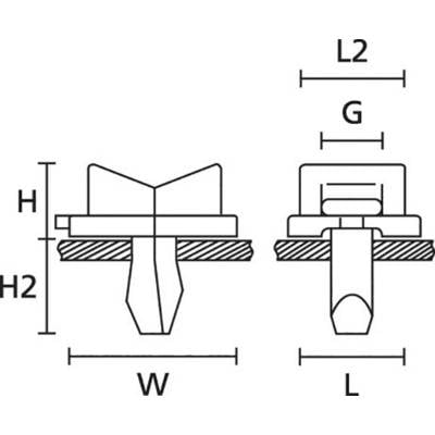 Rysunek techniczny zacisku mocującego z wymiarami: szerokość (W), wysokość (H, H2), długość (L), odstęp (G, L2). Widok z boku i widok z przodu.