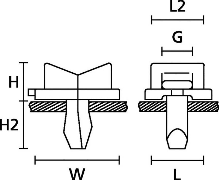 Rysunek techniczny złącza z wymiarami: wysokość (H), szerokość (W), całkowita długość (L), L2 i odstęp (G).