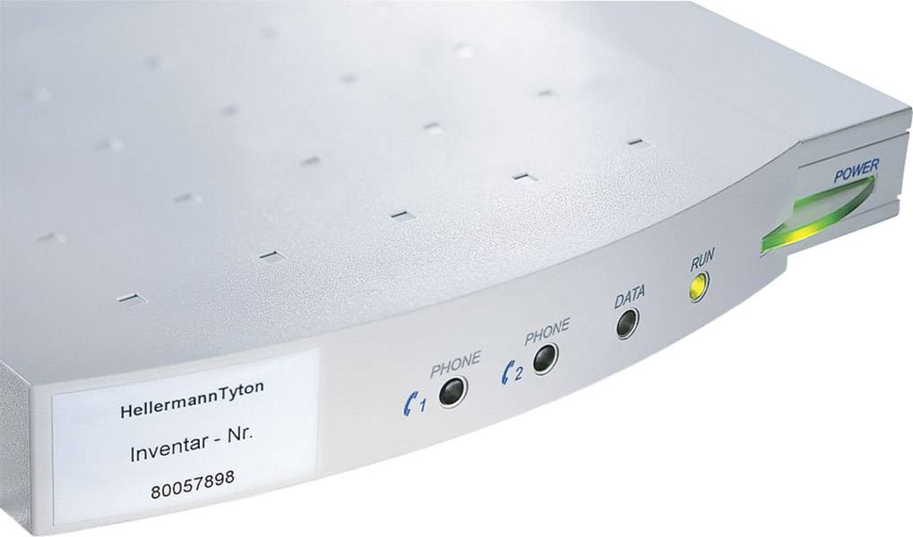 Szare urządzenie komunikacyjne z dwoma gniazdami telefonicznymi, gniazdem do transmisji danych oraz wskaźnikami sygnalizującymi stan pracy i połączenia.