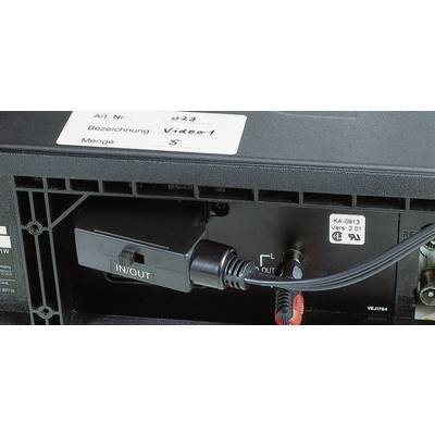 Złącze „Video In/Out" na urządzeniu elektronicznym, podłączone kablem. Widoczna etykieta z numerem artykułu 023 oraz ilością 5.