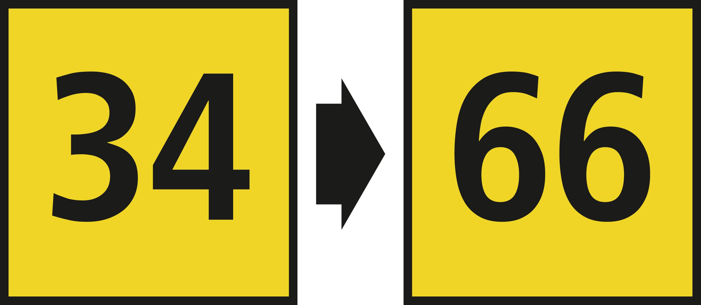 Żółta tabliczka z czarnym tekstem: '34' wskazuje na '66' strzałką pomiędzy nimi.