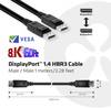 Kabel DisplayPort 1.4 HBR3. Dwa typy wtyczek, długość 1 metr. Zgodny ze standardem VESA, obsługa 8K przy 60 Hz. Odpowiedni do połączeń audio i wideo.