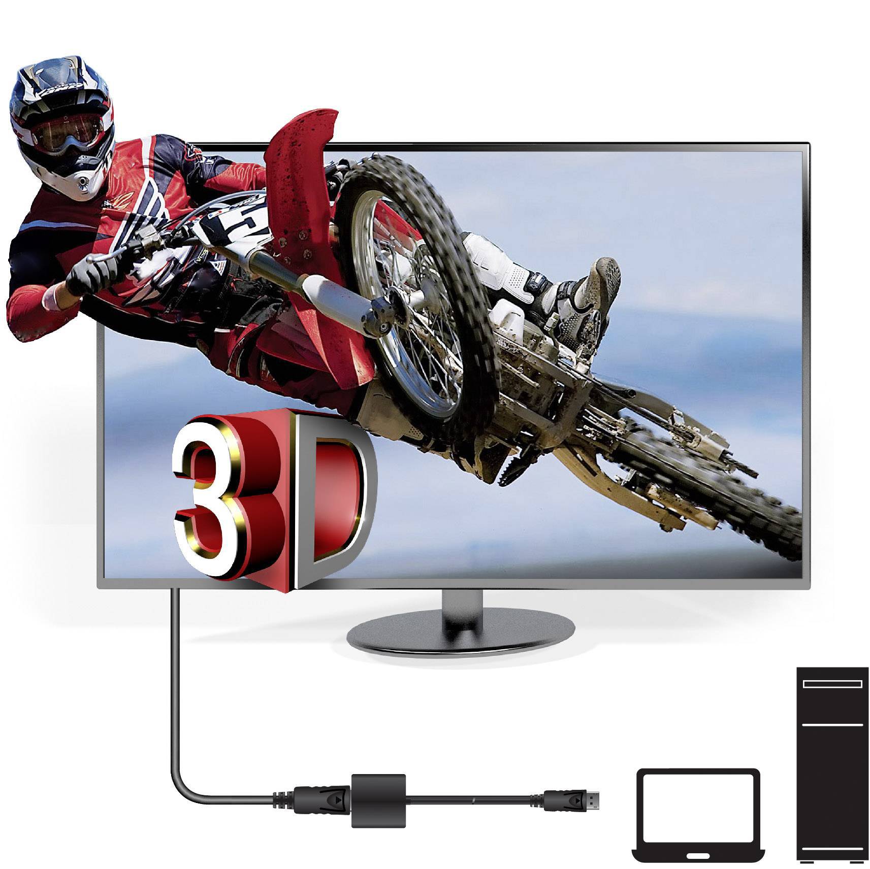 Motocyklista wyskakuje na ekranie w opcji trójwymiarowej, przedstawiając przykład technologii 3D. Laptop i komputer stacjonarny pokazane z podłączeniem przewodowym.