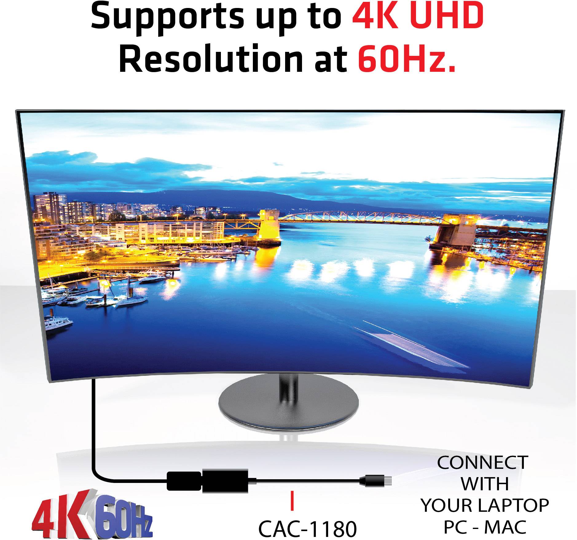 Monitor wyświetla nadmorskie miasto podczas zachodu słońca. Tekst podkreśla wsparcie rozdzielczości 4K UHD przy 60 Hz.