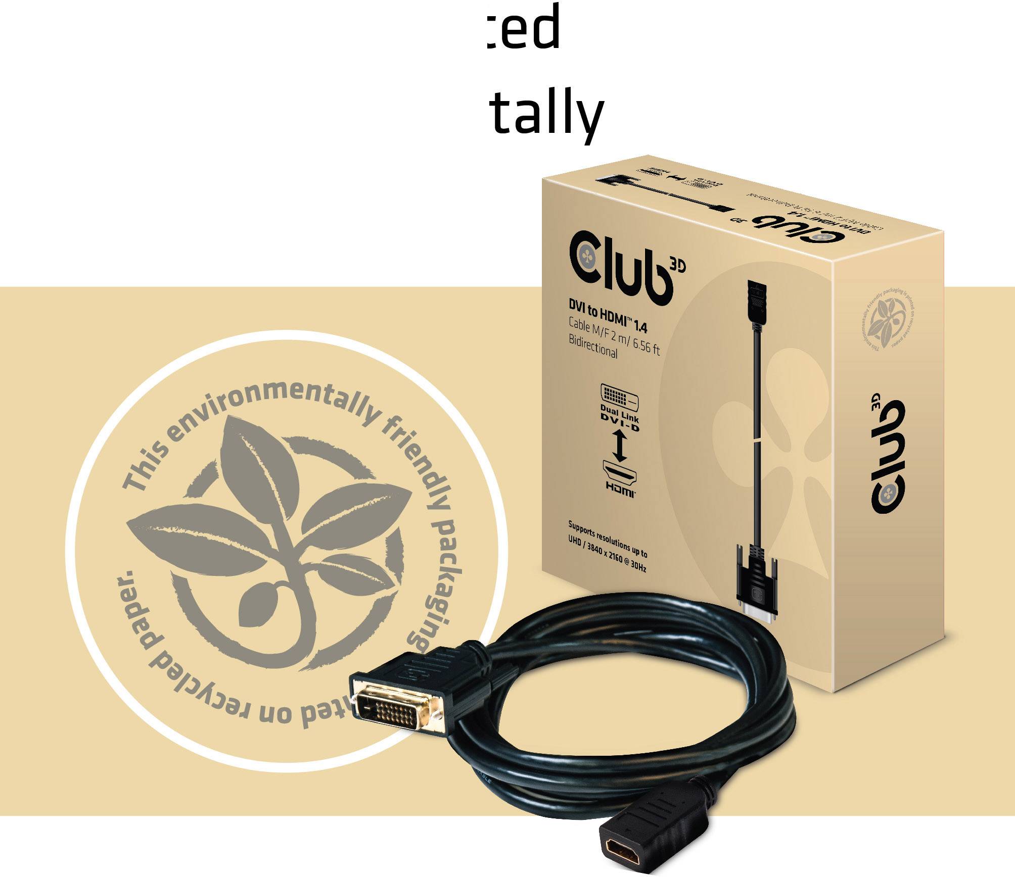 Kabel DVI do HDMI na tle przyjaznej środowisku opakowania oznaczonego symbolem recyklingu oraz informacją o papierze z recyklingu.