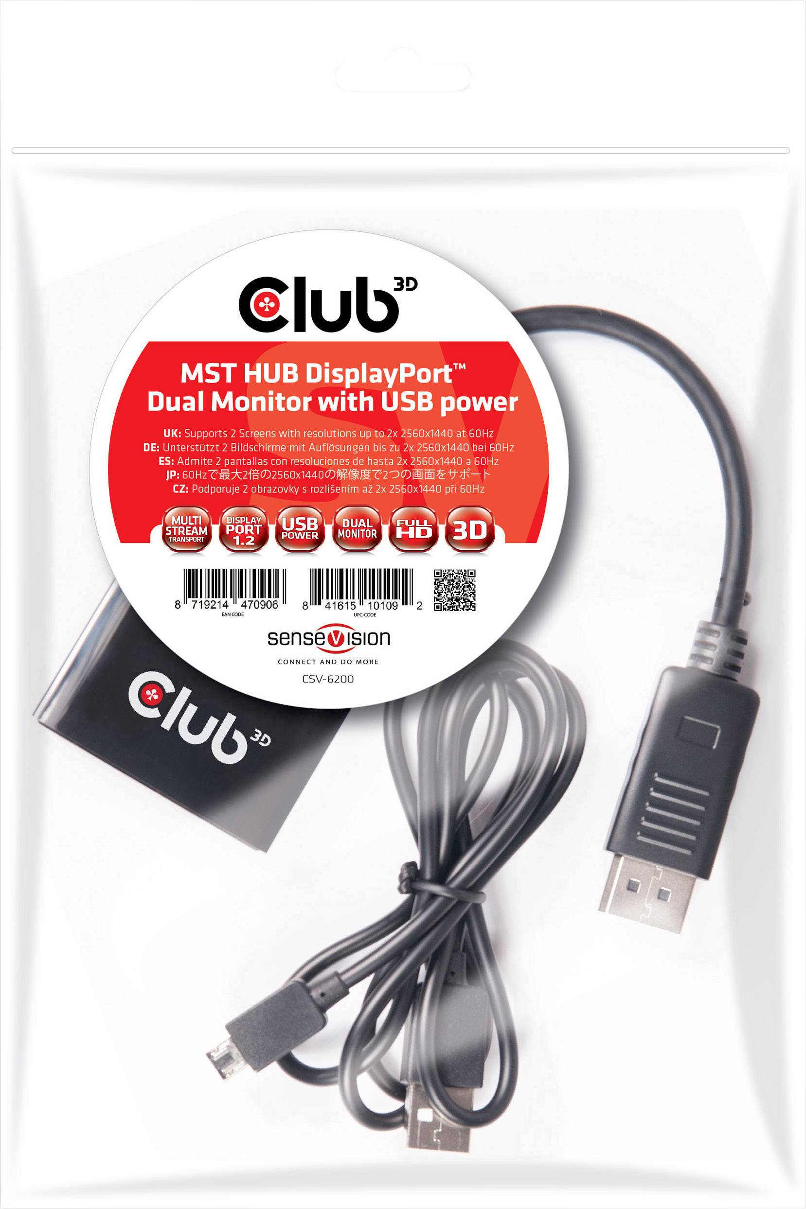 Centrum multimedialny Club 3D MST HUB DisplayPort w plastikowym opakowaniu z przedstawionym kablem i złączem USB, przeznaczone do podłączenia dwóch monitorów.