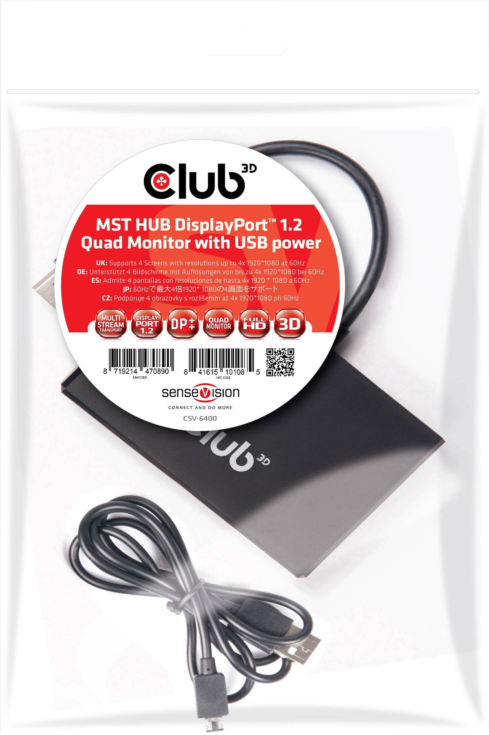 Hub Club 3D MST DisplayPort 1.2 dla czterech monitorów z portem USB, pokazujący kabel i urządzenie. Zdjęcie opakowania.