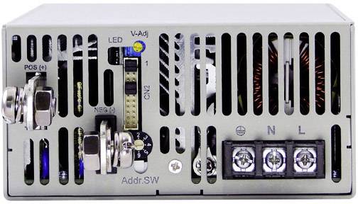 Widok z przodu zasilacza z otworami wentylacyjnymi, złączami i przełącznikami. Po lewej stronie oznaczone są Plus i Minus, po prawej L, N, uziemienie.