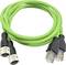 Zielony kabel sieciowy z dwoma wtykami RJ45 i dwoma okrągłymi wtykami do zastosowań przemysłowych, przedstawiony w formie zwinięcia.
