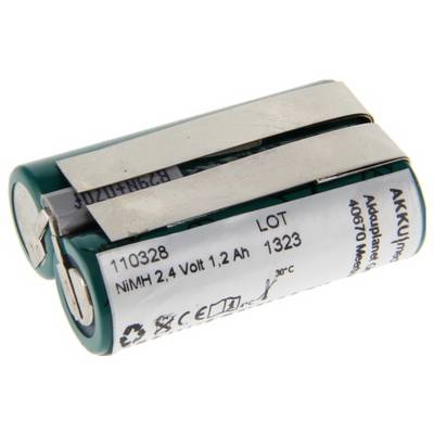 Para zielono-białych baterii akumulatorowych NiMH wielkości AA, posklejanych razem i oznaczonych etykietą 2,4 Volt, 1,2 Ah, z numerem partii 1323.