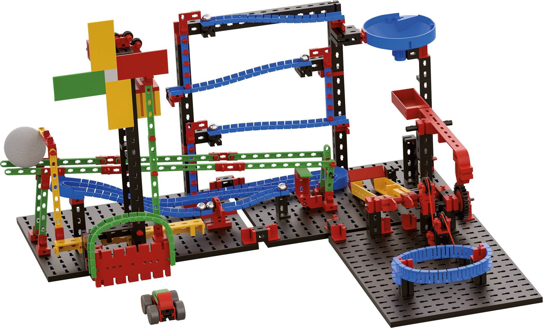 Kolorowy zestaw konstrukcyjny prezentuje złożoną trasę kulkową z kołami zębatymi i pochylniami, które prowadzą kulkę przez różne elementy.